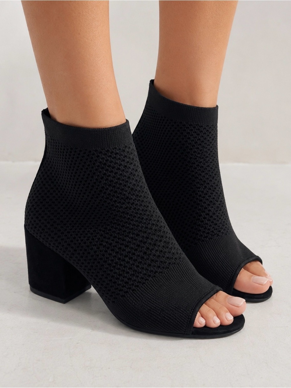 Eileen Fisher NWOT Croft Suede Leather Knit Open-Toe Bootie Career Black Size 7